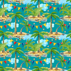 Tropical coast, islands with palm trees and sun umbrellas, seamless pattern for wrapping paper, wallpaper, invitations, fabric.