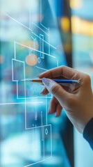 close-up shot of hands drawing a flowchart on a glass board in a modern office