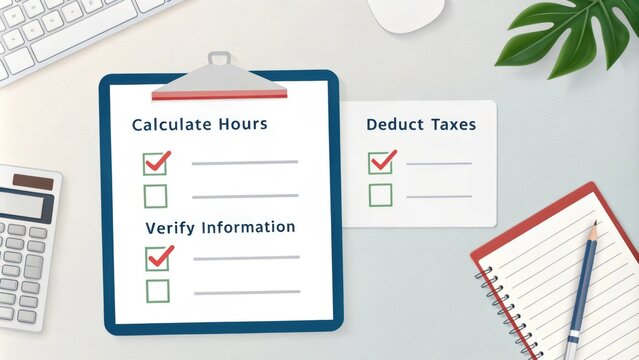 A checklist for payroll processing with items like calculate hours and deduct taxes.