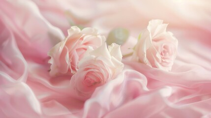 Fototapeta premium Soft pink satin fabric background with roses, romantic feel, smooth fabric texture