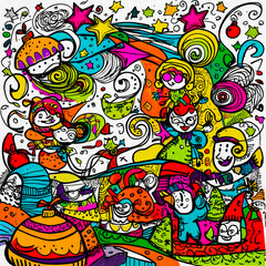 Obraz premium Happy Swirls. A vibrant and playful doodle-style illustration with hand-drawn elements like quirky shapes, abstract patterns, and festive details.