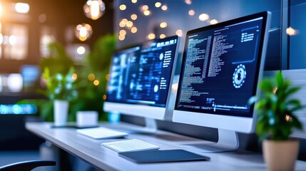 Exploring a modern workspace with computer screens and lush greenery in a vibrant tech environment