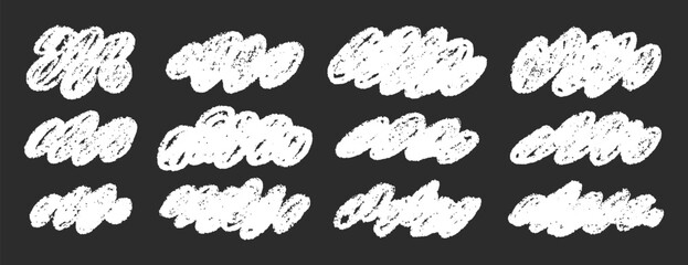 White clouds fluffy pencil chalk crayon hand drawn clouds kids style clipart. Childish naive clouds icons isolated. Rough cute pastel texture set