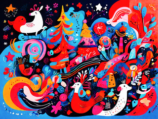 Obraz premium Quirky Curves. A vibrant and playful doodle-style illustration with hand-drawn elements like quirky shapes, abstract patterns, and festive details.