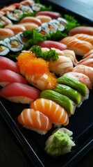 colorful sushi platter with neatly arranged nigiri, sashimi, and rolls, served on a sleek black plate
