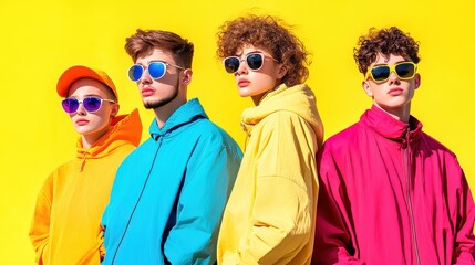 Fototapeta premium Colorful group of stylish friends posing against vibrant backdrop on a sunny day