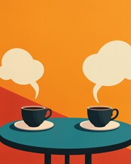 Two coffee cups sit on a table against a vibrant orange background, with speech bubbles suggesting conversation or dialogue.