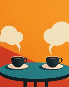 Two coffee cups sit on a table against a vibrant orange background, with speech bubbles suggesting conversation or dialogue.