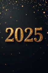 Happy New Year with the text “2025”. Gold color. Holiday card. New Year banner.