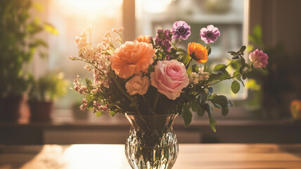 Fototapeta premium 窓辺の自然光で照らされた庭の花のフラワーアレンジメント