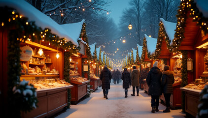 Fototapeta premium A festive Christmas market set in a snowy winter evening, with snow-covered stalls adorned with twinkling lights 