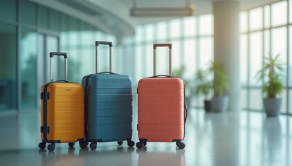 A set of modern, colorful travel luggage suitcases with minimalistic design, placed in front of an airport background