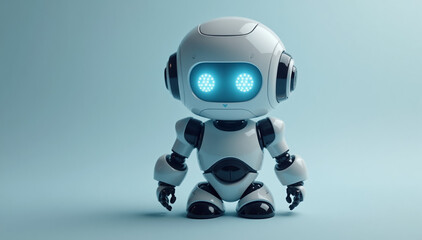 A close-up of an adorable robot with blue LED eyes, set against a minimalist background