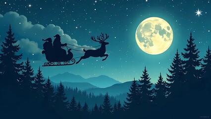 Christmas Card. Silhouette of reindeer flying in sleigh with Santa Claus against the background of full moon and starry sky over pine forest.	