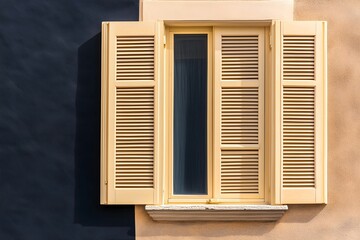 Fototapeta premium Window with Open Pale Yellow Shutters on Beige and Dark Walls