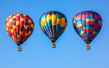 Fototapeta premium Three colorful hot air balloons ascend against a clear blue sky. (1)