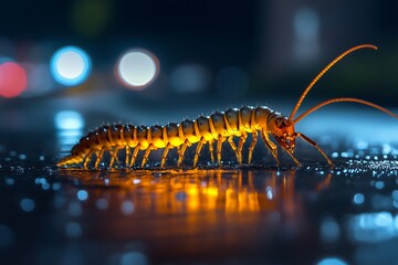Centipede illuminated in urban light