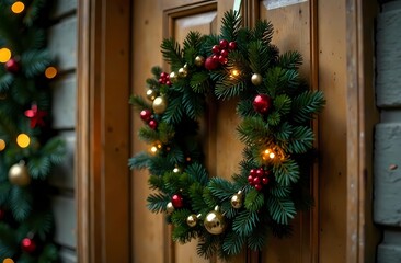 Christmas wreath on the door of the house