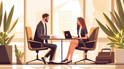 Creative Collaboration: A Middle-Aged Professional Couple Designing Digital Marketing Materials for Business Growth in a Stylish, Modern Office Space with a Touch of Nature