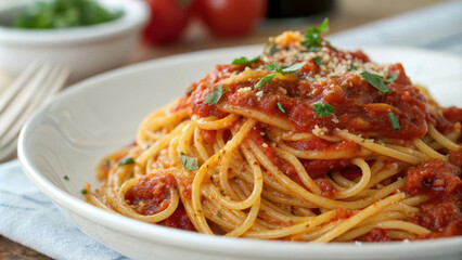 Pasta with marinara sauce, white plate, close-up. Italian culture