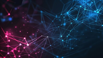 Fototapeta premium Abstract technology geometric background and blue and pink polygonal dots connected in mesh grid on dark black background