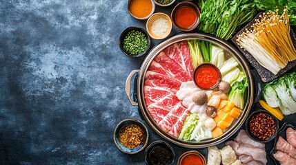 A pot of simmering hot pot with thinly sliced beef, vegetables, and dipping sauces arranged around it.