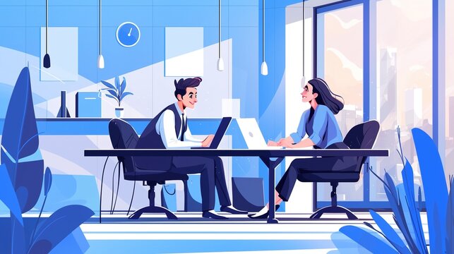 Creative Collaboration: A Middle-Aged Professional Couple Designing Digital Marketing Materials for Business Growth in a Stylish, Modern Office Space with a Touch of Nature
