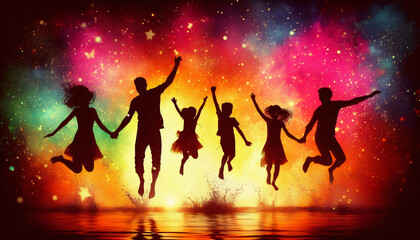 Fototapeta premium Family silhouette jumping against a colorful, glowing night sky reflected in water