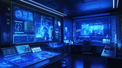 futuristic workspace with holographic displays showcasing business metrics and planning diagrams