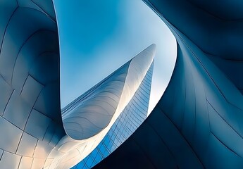 Stunning Architectural Photography Capturing the Flowing Lines and Modern Design of a Skyscraper Against a Blue Sky with Intricate Shapes and Textures