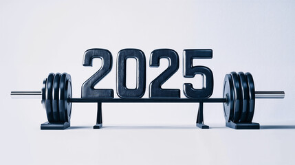 2025 bold sign crafted from dumbell gym workout equipment, inspiring fitness, strength, and new year motivation