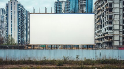 Obraz premium Blank billboard mockup displayed on a construction site fence, perfect for urban branding campaigns