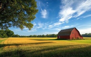 Obraz premium Idyllic rural scene red barn in golden field under a vibrant blue sky.