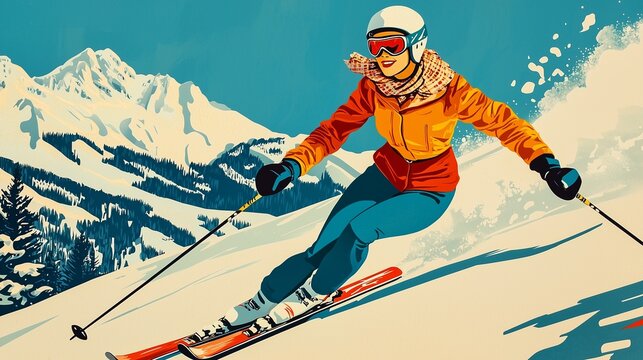 Vibrant pop art poster of a woman skiing, capturing dynamic motion and retro style.