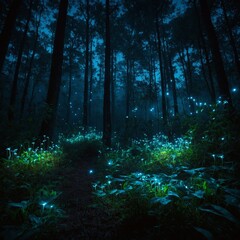 A magical forest with bioluminescent plants glowing in the night, and fireflies lighting the air.v

