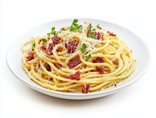 hearty plate of spaghetti carbonara with creamy sauce, crispy bacon, and freshly grated Parmesan isolated