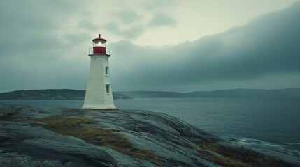Majestic Lighthouse on Rocky Coastline Against Dramatic Cloudy Sky Over Tranquil Ocean Waters in a Captivating Coastal Landscape