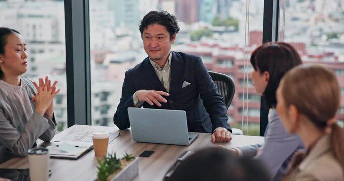 Business people, laptop and teamwork for project, planning and company development in Japan. Collaboration, manager and communication in workplace for stakeholder report, proposal and brainstorming
