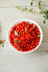 fresh ripe red goji berries in a bowl on a wooden table