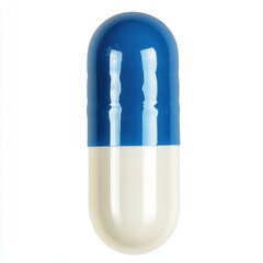 Obraz premium A single pharmaceutical capsule divided into two segments--blue and white--with a glossy isolated on a white background