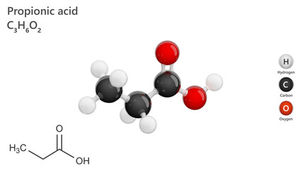 Molecule: Propionic Acid. E280 food additive. Molecular structure. Formula: C3H6O2. Chemical model: Ball and stick. White background. 3D illustration.
