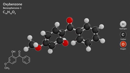Molecule: Oxybenzone or benzophenone-3. Molecular structure. Formula: C14H12O3. Chemical model: Ball and stick. Gray background. 3D illustration.