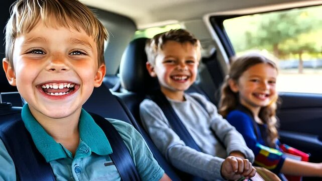 Cheerful Mother Driving Children to School in Modern Car