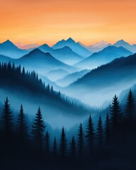 Obraz premium A tranquil mountain landscape at sunset, featuring layers of blue mountains and dark evergreen trees against a warm orange sky.