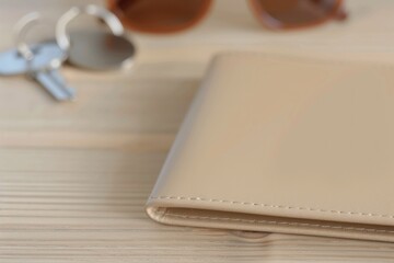 Minimalist beige wallet on wooden surface with sunglasses and keys