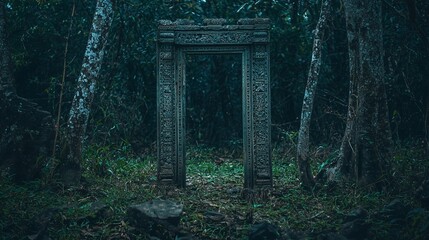 Fototapeta premium An Ancient Ornate Doorway in the Heart of a Dense Forest, Inviting Exploration and Symbolizing the Mystery of the Unknown