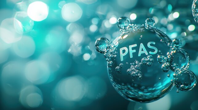 PFAS molecule close-up: shimmering aqua bubbles on blurred background