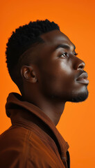 Obraz premium Photograph of a black man, profile view, against an orange background