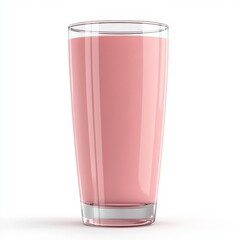 A tall clear glass filled with creamy pink strawberry milk isolated on a white background