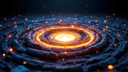 Hypnotic abstract high-tech background with mesmerizing circular patterns glowing like a fiery eye.